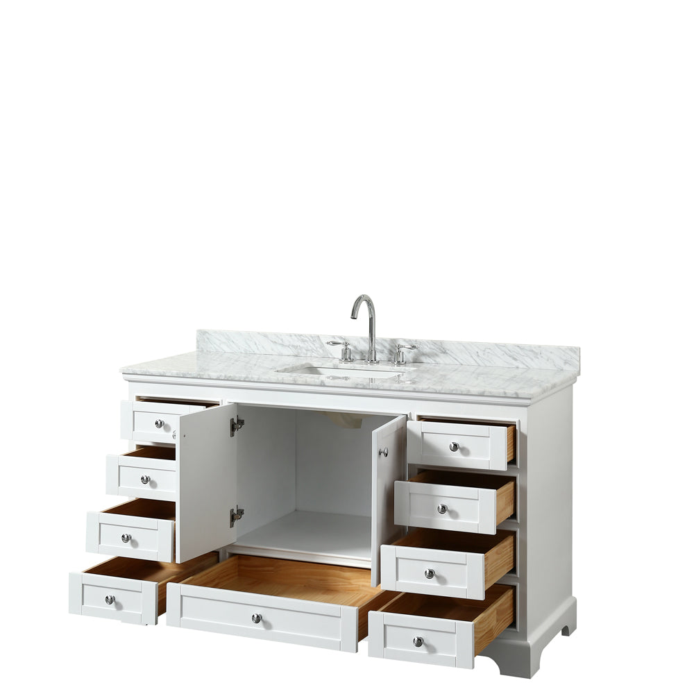 Deborah 60 Inch Single Bathroom Vanity in White White Carrara Marble Countertop Undermount Square Sink and No Mirror