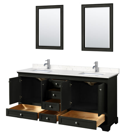 Deborah 72 Inch Double Bathroom Vanity in Dark Espresso Carrara Cultured Marble Countertop Undermount Square Sinks 24 Inch Mirrors