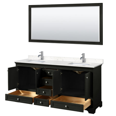 Deborah 72 Inch Double Bathroom Vanity in Dark Espresso Carrara Cultured Marble Countertop Undermount Square Sinks 70 Inch Mirror