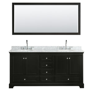 Deborah 72 Inch Double Bathroom Vanity in Dark Espresso White Carrara Marble Countertop Undermount Oval Sinks and 70 Inch Mirror