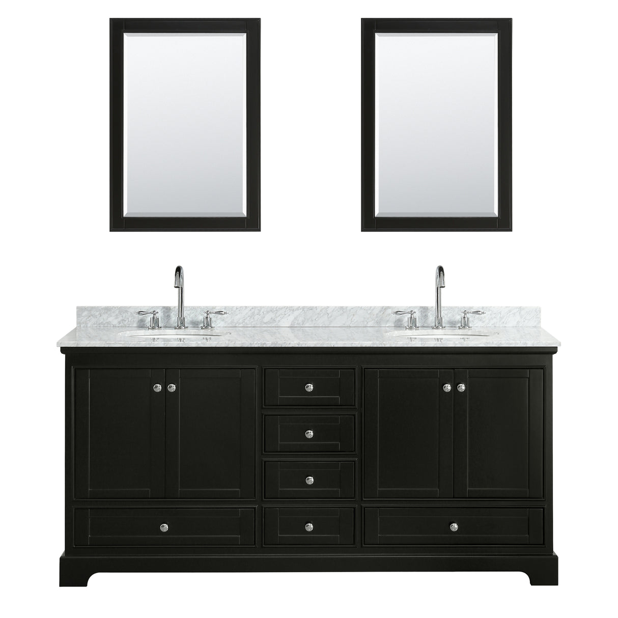 Deborah 72 Inch Double Bathroom Vanity in Dark Espresso White Carrara Marble Countertop Undermount Oval Sinks and Medicine Cabinets