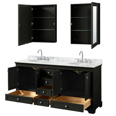 Deborah 72 Inch Double Bathroom Vanity in Dark Espresso White Carrara Marble Countertop Undermount Oval Sinks and Medicine Cabinets