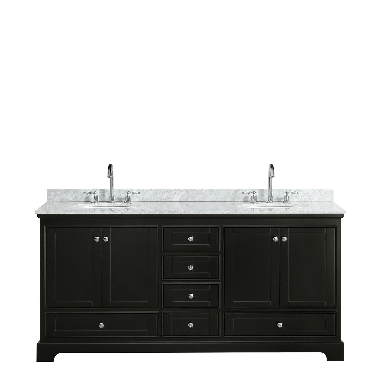 Deborah 72 Inch Double Bathroom Vanity in Dark Espresso White Carrara Marble Countertop Undermount Oval Sinks and No Mirrors