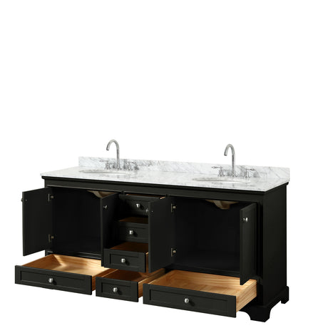 Deborah 72 Inch Double Bathroom Vanity in Dark Espresso White Carrara Marble Countertop Undermount Oval Sinks and No Mirrors