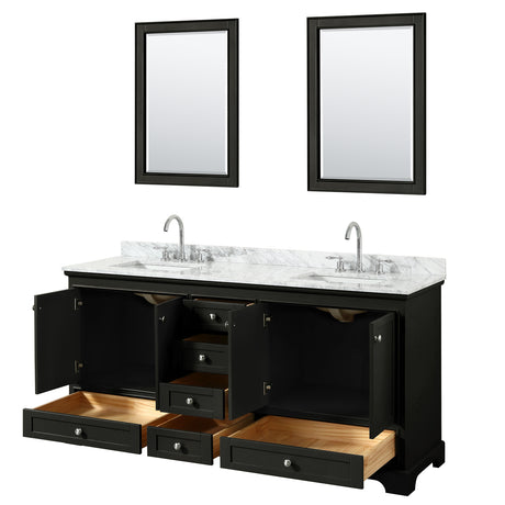 Deborah 72 Inch Double Bathroom Vanity in Dark Espresso White Carrara Marble Countertop Undermount Square Sinks and 24 Inch Mirrors