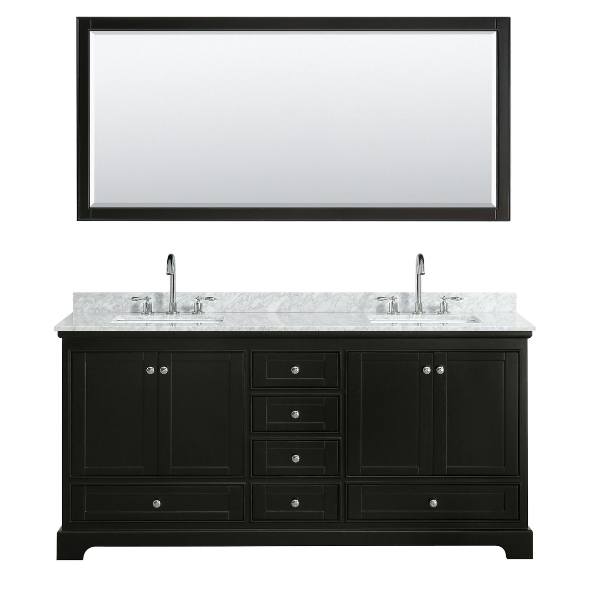 Deborah 72 Inch Double Bathroom Vanity in Dark Espresso White Carrara Marble Countertop Undermount Square Sinks and 70 Inch Mirror