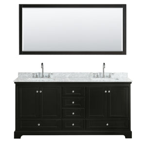 Deborah 72 Inch Double Bathroom Vanity in Dark Espresso White Carrara Marble Countertop Undermount Square Sinks and 70 Inch Mirror