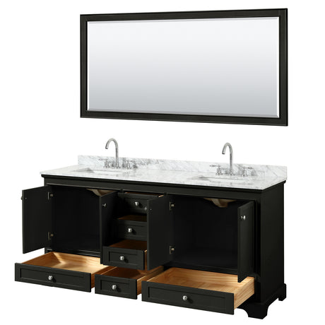 Deborah 72 Inch Double Bathroom Vanity in Dark Espresso White Carrara Marble Countertop Undermount Square Sinks and 70 Inch Mirror