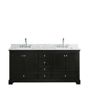 Deborah 72 Inch Double Bathroom Vanity in Dark Espresso White Carrara Marble Countertop Undermount Square Sinks and No Mirrors