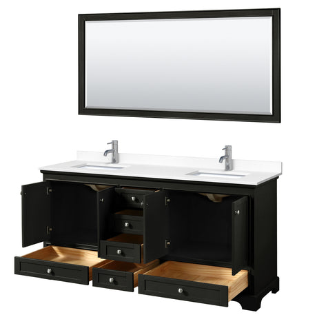 Deborah 72 Inch Double Bathroom Vanity in Dark Espresso White Cultured Marble Countertop Undermount Square Sinks 70 Inch Mirror
