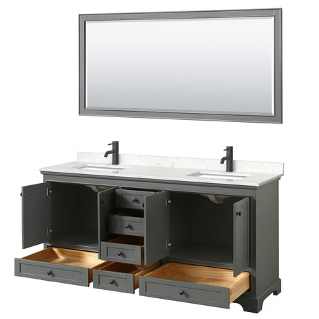 Deborah 72 Inch Double Bathroom Vanity in Dark Gray Carrara Cultured Marble Countertop Undermount Square Sinks Matte Black Trim 70 Inch Mirror