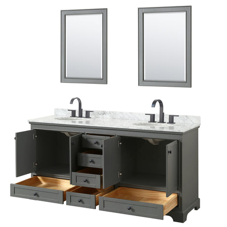 Deborah 72 Inch Double Bathroom Vanity in Dark Gray White Carrara Marble Countertop Undermount Oval Sinks Matte Black Trim 24 Inch Mirrors
