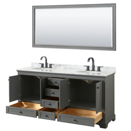Deborah 72 Inch Double Bathroom Vanity in Dark Gray White Carrara Marble Countertop Undermount Oval Sinks Matte Black Trim 70 Inch Mirror