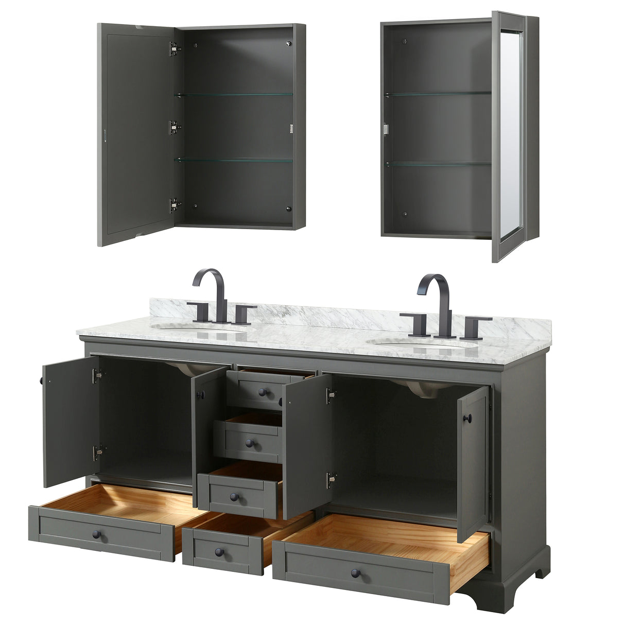 Deborah 72 Inch Double Bathroom Vanity in Dark Gray White Carrara Marble Countertop Undermount Oval Sinks Matte Black Trim Medicine Cabinets