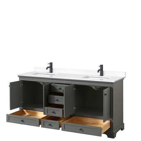 Deborah 72 Inch Double Bathroom Vanity in Dark Gray White Cultured Marble Countertop Undermount Square Sinks Matte Black Trim