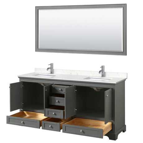 Deborah 72 Inch Double Bathroom Vanity in Dark Gray Carrara Cultured Marble Countertop Undermount Square Sinks 70 Inch Mirror