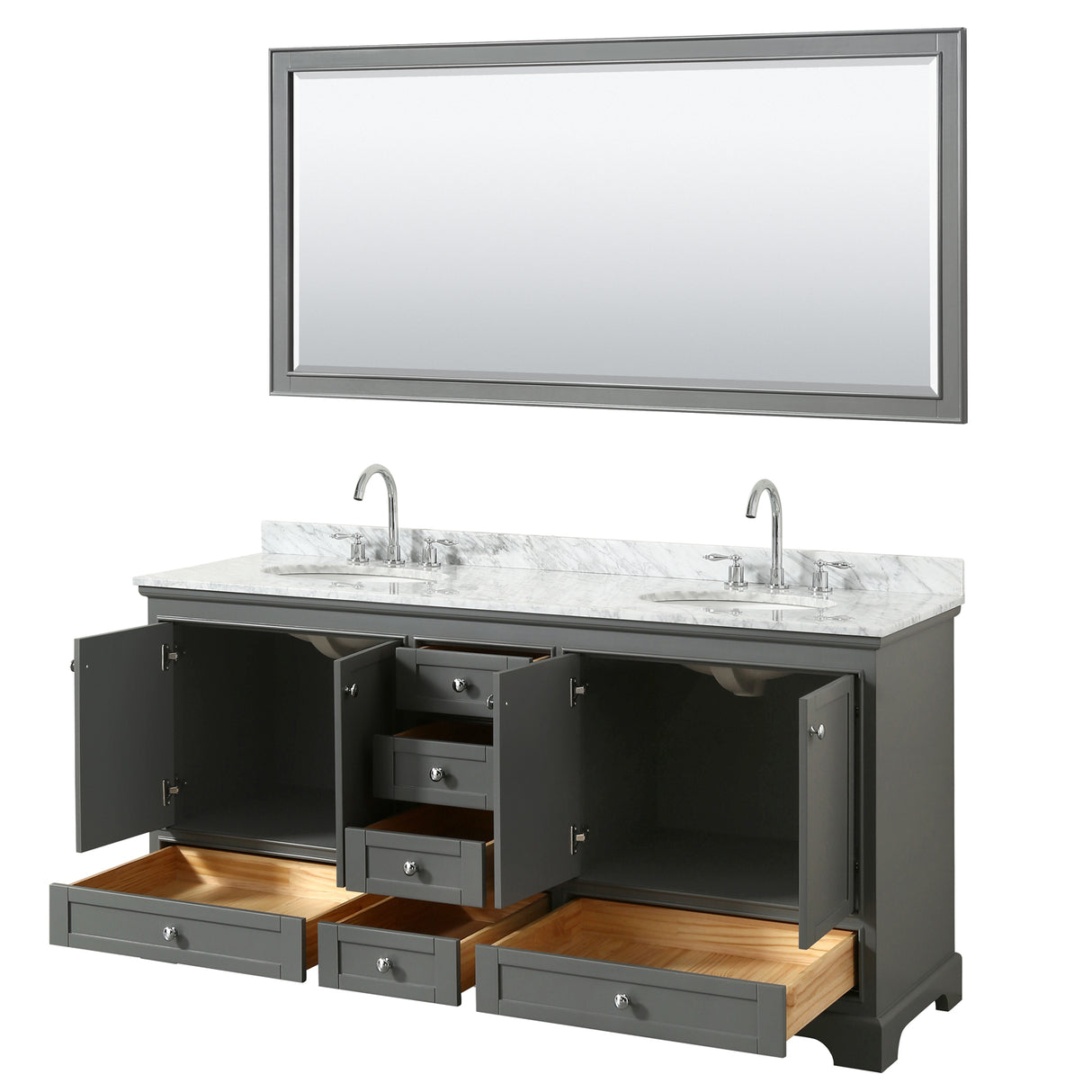 Deborah 72 Inch Double Bathroom Vanity in Dark Gray White Carrara Marble Countertop Undermount Oval Sinks and 70 Inch Mirror