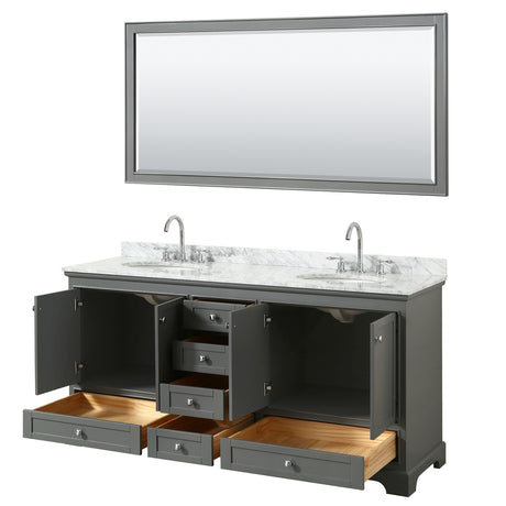Deborah 72 Inch Double Bathroom Vanity in Dark Gray White Carrara Marble Countertop Undermount Oval Sinks and 70 Inch Mirror