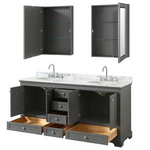 Deborah 72 Inch Double Bathroom Vanity in Dark Gray White Carrara Marble Countertop Undermount Oval Sinks and Medicine Cabinets
