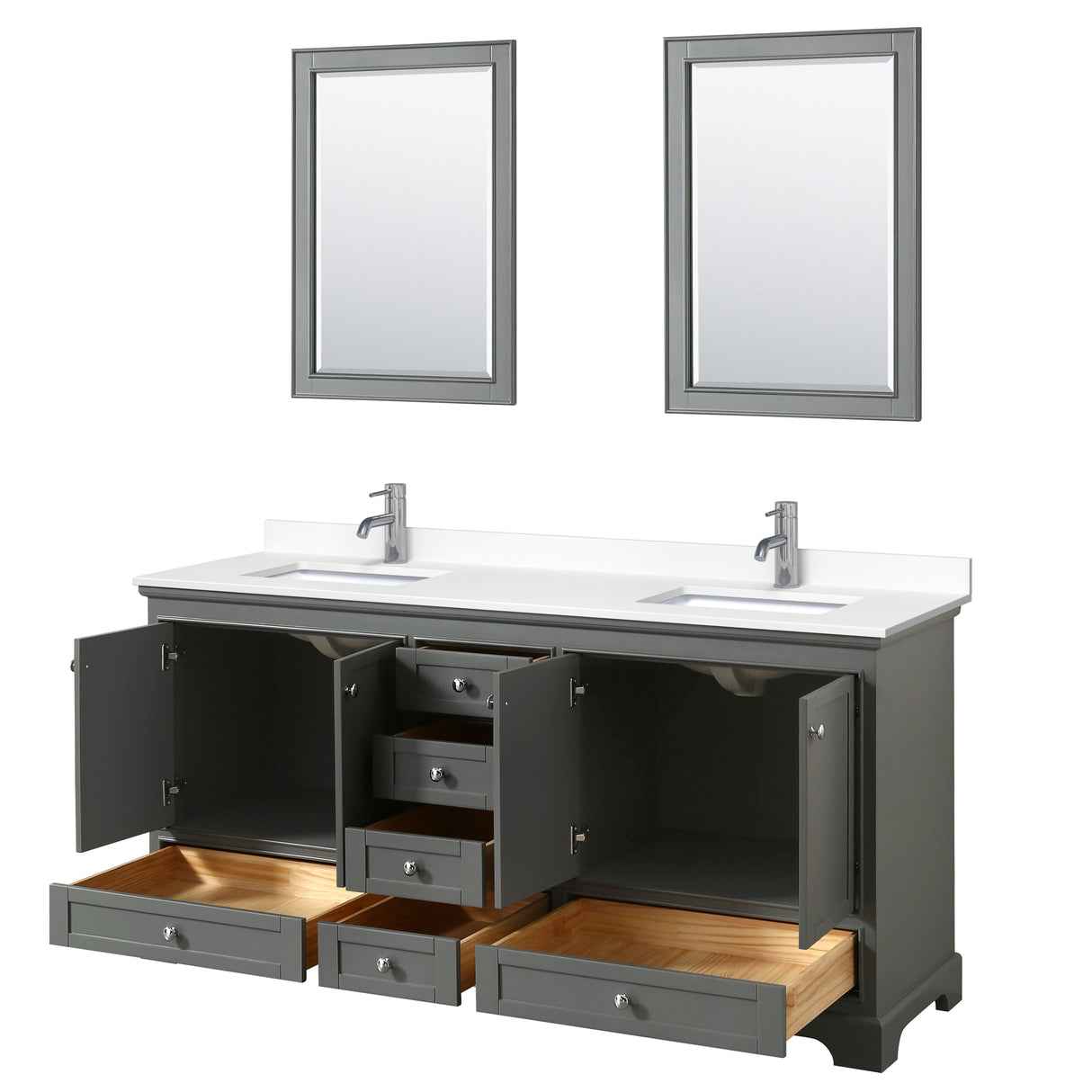 Deborah 72 Inch Double Bathroom Vanity in Dark Gray White Cultured Marble Countertop Undermount Square Sinks 24 Inch Mirrors