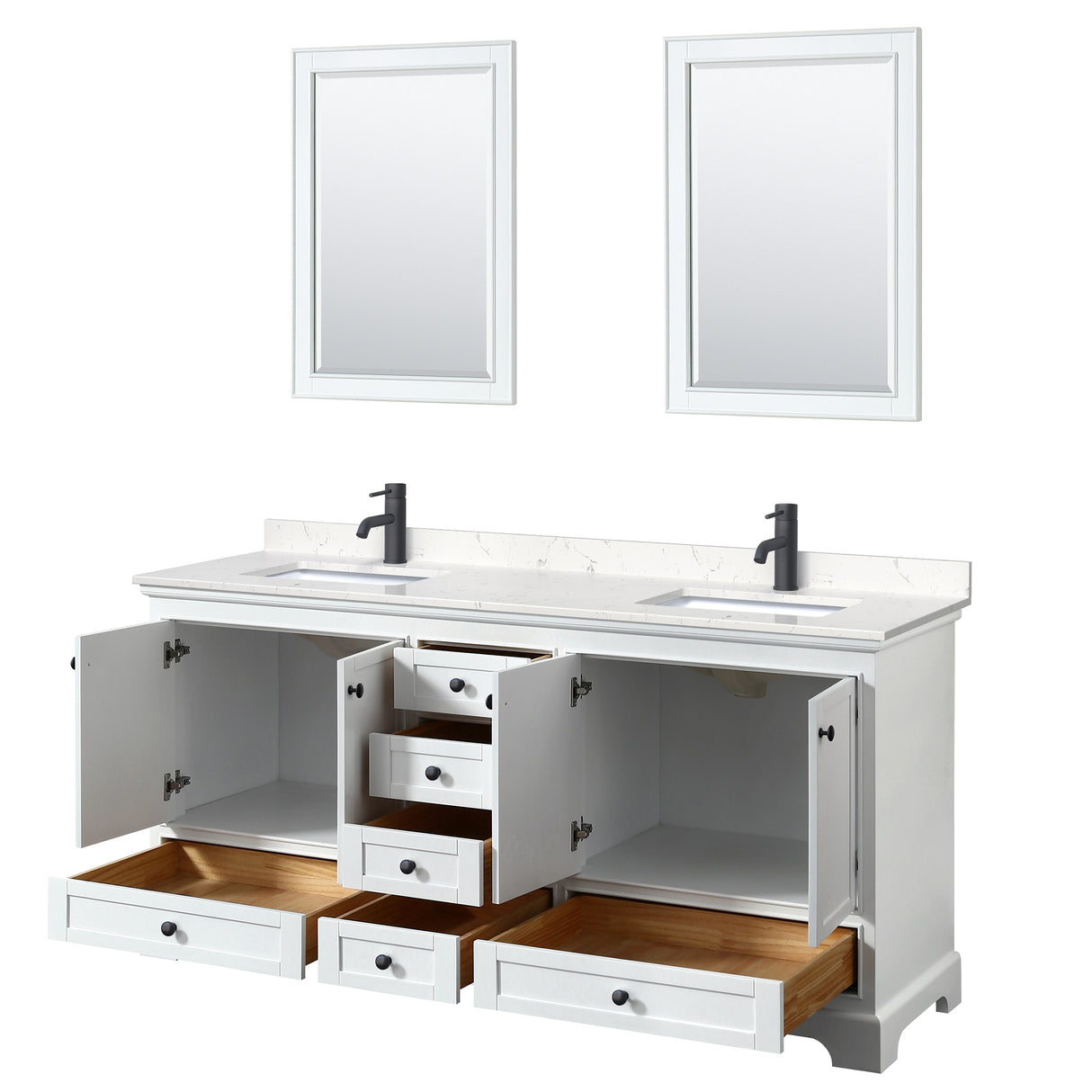 Deborah 72 Inch Double Bathroom Vanity in White Carrara Cultured Marble Countertop Undermount Square Sinks Matte Black Trim 24 Inch Mirrors