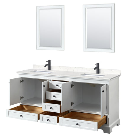 Deborah 72 Inch Double Bathroom Vanity in White Carrara Cultured Marble Countertop Undermount Square Sinks Matte Black Trim 24 Inch Mirrors