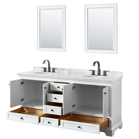 Deborah 72 Inch Double Bathroom Vanity in White White Carrara Marble Countertop Undermount Oval Sinks Matte Black Trim 24 Inch Mirrors