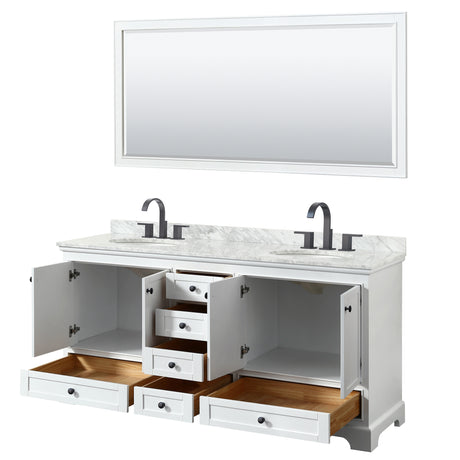 Deborah 72 Inch Double Bathroom Vanity in White White Carrara Marble Countertop Undermount Oval Sinks Matte Black Trim 70 Inch Mirror