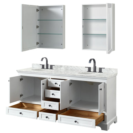 Deborah 72 Inch Double Bathroom Vanity in White White Carrara Marble Countertop Undermount Oval Sinks Matte Black Trim Medicine Cabinets