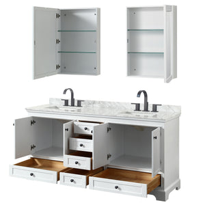 Deborah 72 Inch Double Bathroom Vanity in White White Carrara Marble Countertop Undermount Square Sinks Matte Black Trim Medicine Cabinets