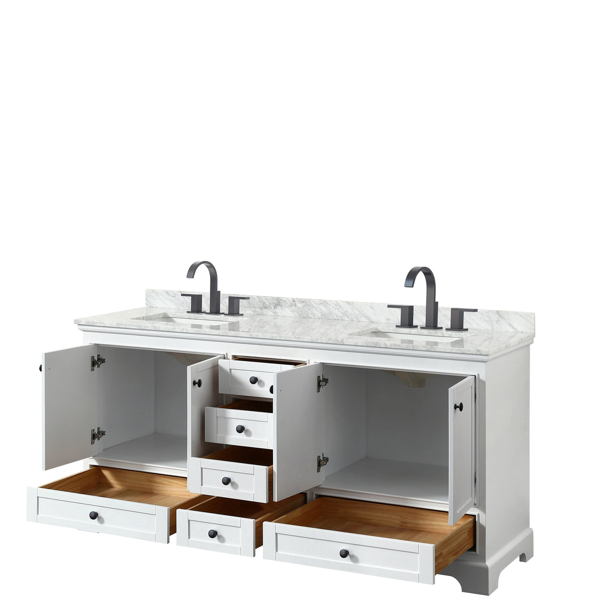 Deborah 72 Inch Double Bathroom Vanity in White White Carrara Marble Countertop Undermount Square Sinks Matte Black Trim