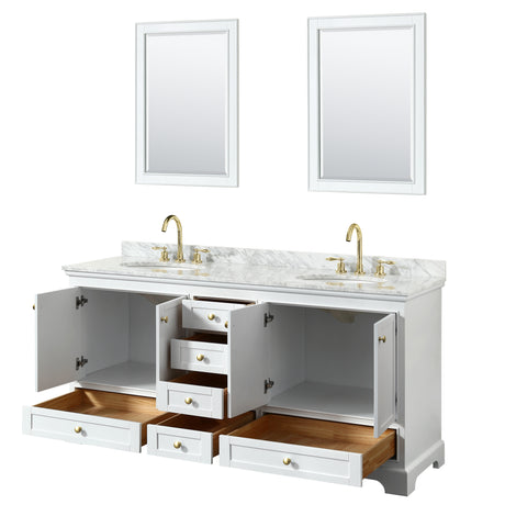 Deborah 72 Inch Double Bathroom Vanity in White White Carrara Marble Countertop Undermount Oval Sinks Brushed Gold Trim 24 Inch Mirrors
