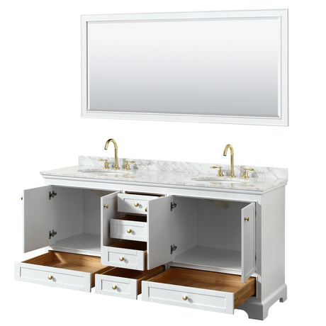 Deborah 72 Inch Double Bathroom Vanity in White White Carrara Marble Countertop Undermount Oval Sinks Brushed Gold Trim 70 Inch Mirror