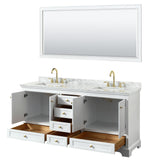 Deborah 72 Inch Double Bathroom Vanity in White White Carrara Marble Countertop Undermount Square Sinks Brushed Gold Trim 70 Inch Mirror