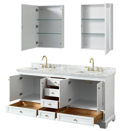 Deborah 72 Inch Double Bathroom Vanity in White White Carrara Marble Countertop Undermount Square Sinks Brushed Gold Trim Medicine Cabinets