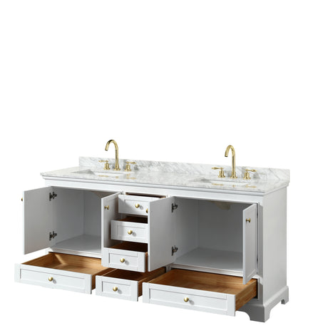 Deborah 72 Inch Double Bathroom Vanity in White White Carrara Marble Countertop Undermount Square Sinks Brushed Gold Trim No Mirrors
