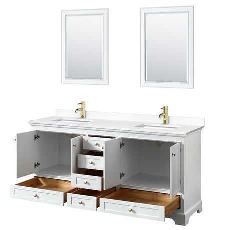 Deborah 72 Inch Double Bathroom Vanity in White White Cultured Marble Countertop Undermount Square Sinks Brushed Gold Trim 24 Inch Mirrors
