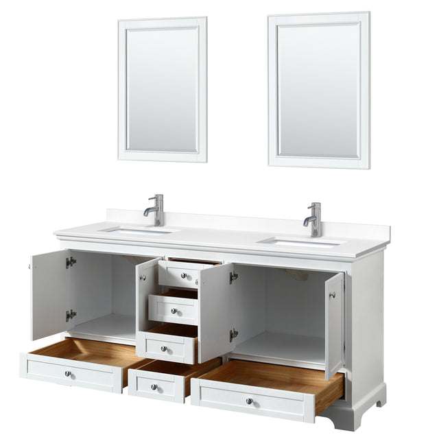 Deborah 72 Inch Double Bathroom Vanity in White White Cultured Marble Countertop Undermount Square Sinks 24 Inch Mirrors