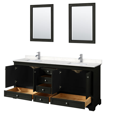 Deborah 80 Inch Double Bathroom Vanity in Dark Espresso Carrara Cultured Marble Countertop Undermount Square Sinks 24 Inch Mirrors