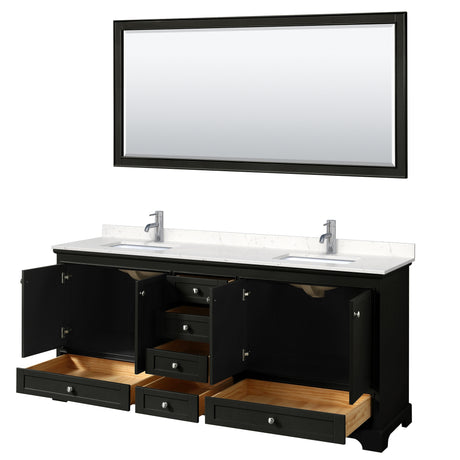 Deborah 80 Inch Double Bathroom Vanity in Dark Espresso Carrara Cultured Marble Countertop Undermount Square Sinks 70 Inch Mirror