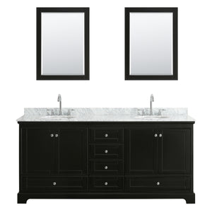 Deborah 80 Inch Double Bathroom Vanity in Dark Espresso White Carrara Marble Countertop Undermount Oval Sinks and 24 Inch Mirrors
