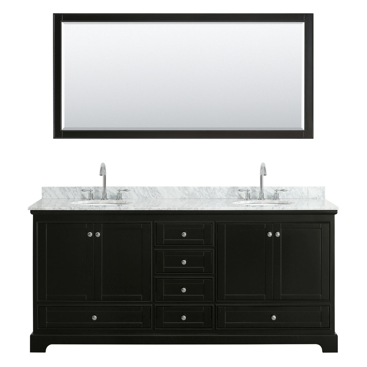 Deborah 80 Inch Double Bathroom Vanity in Dark Espresso White Carrara Marble Countertop Undermount Oval Sinks and 70 Inch Mirror