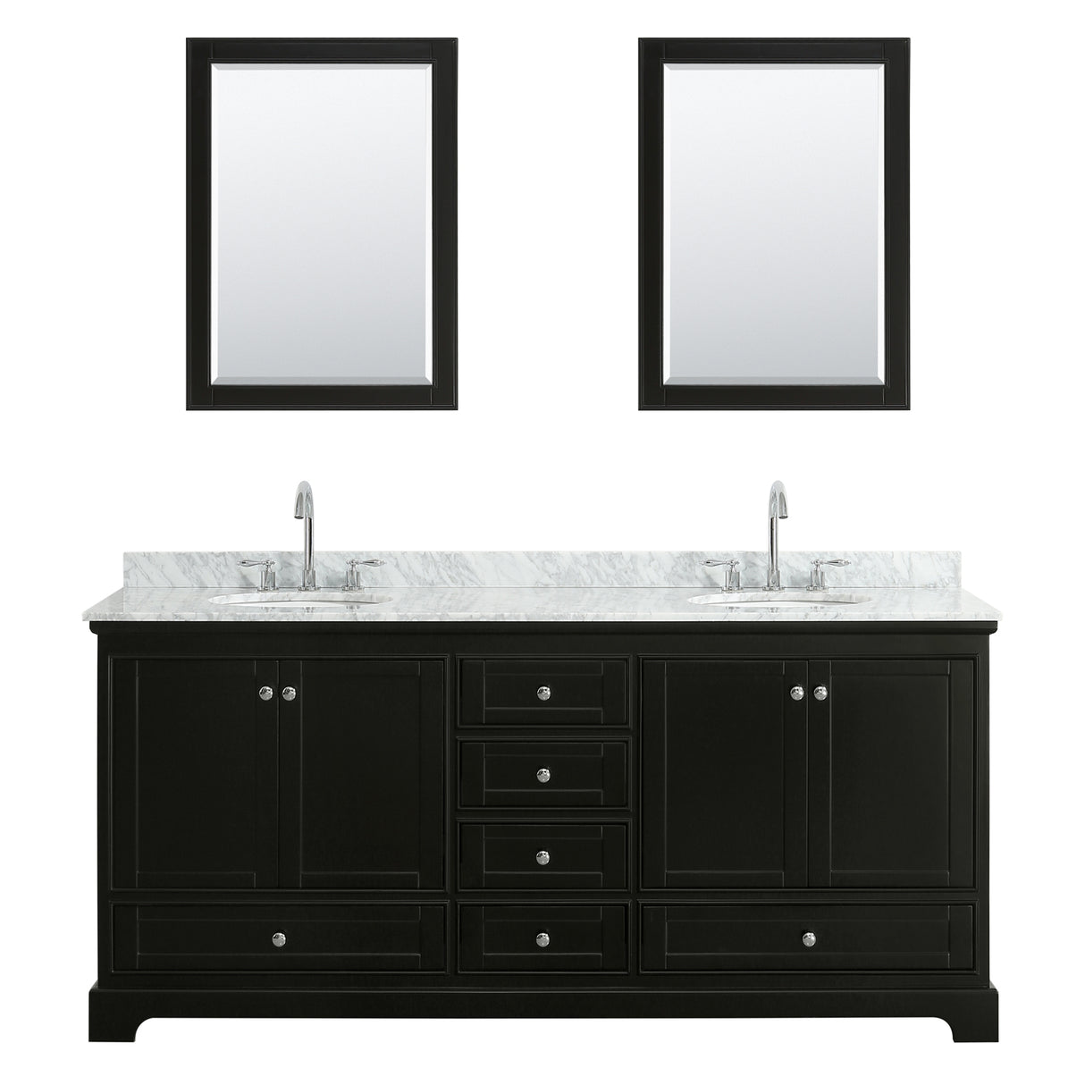 Deborah 80 Inch Double Bathroom Vanity in Dark Espresso White Carrara Marble Countertop Undermount Oval Sinks and Medicine Cabinets