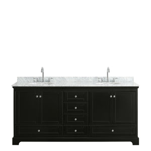 Deborah 80 Inch Double Bathroom Vanity in Dark Espresso White Carrara Marble Countertop Undermount Oval Sinks and No Mirrors
