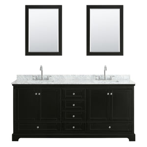 Deborah 80 Inch Double Bathroom Vanity in Dark Espresso White Carrara Marble Countertop Undermount Square Sinks and 24 Inch Mirrors