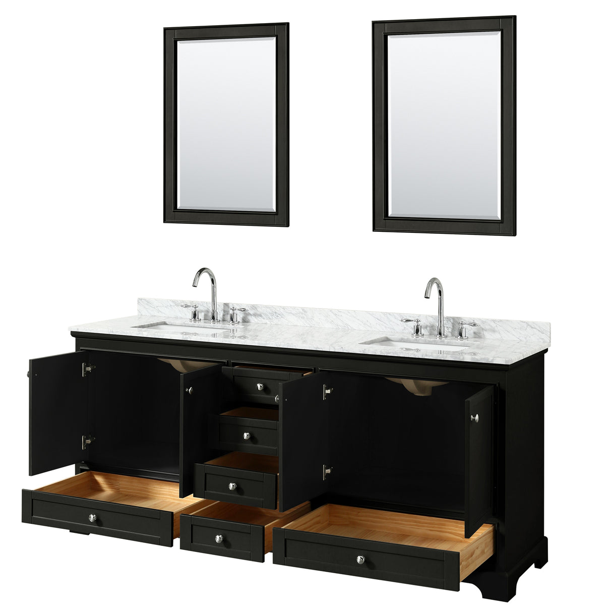 Deborah 80 Inch Double Bathroom Vanity in Dark Espresso White Carrara Marble Countertop Undermount Square Sinks and 24 Inch Mirrors