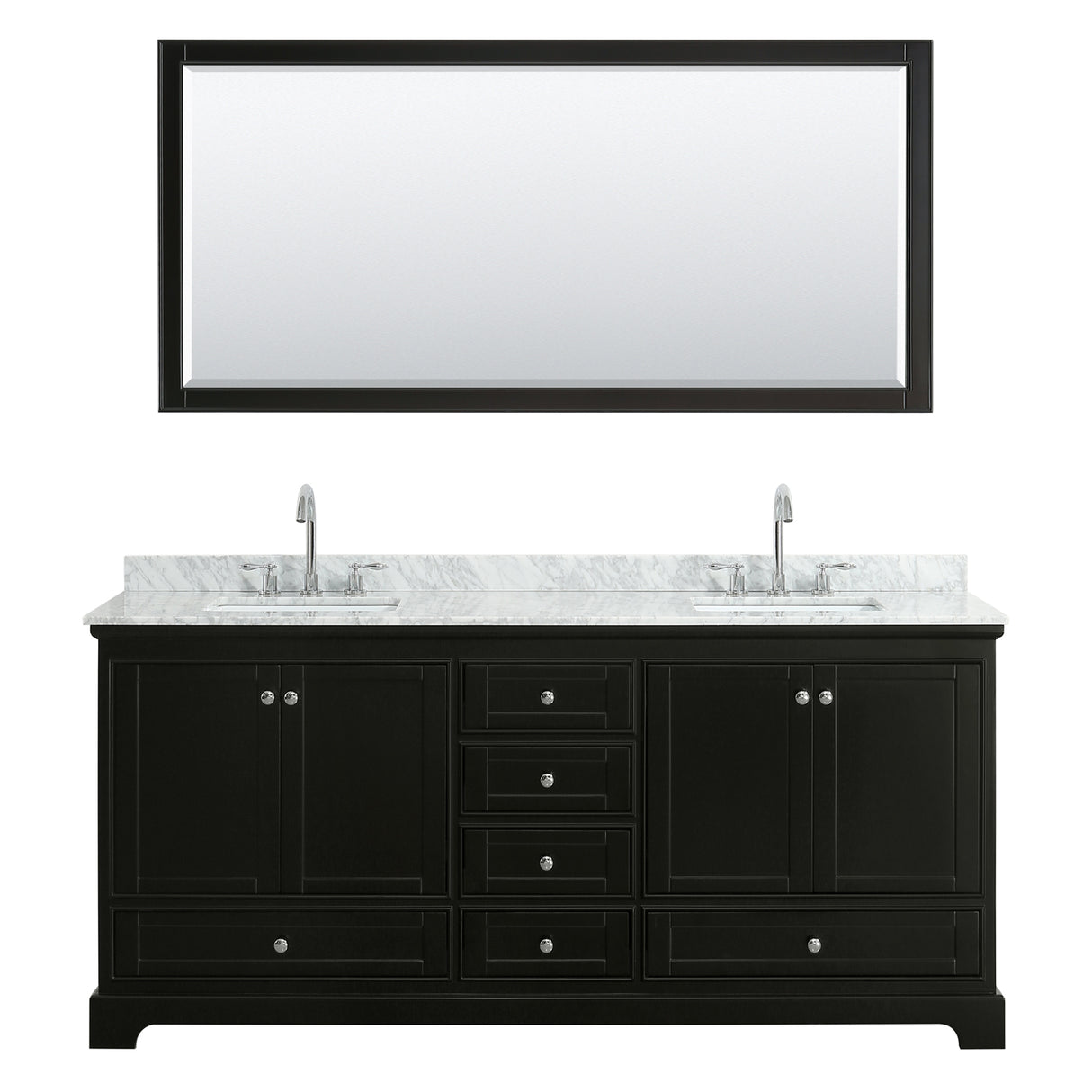 Deborah 80 Inch Double Bathroom Vanity in Dark Espresso White Carrara Marble Countertop Undermount Square Sinks and 70 Inch Mirror