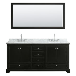 Deborah 80 Inch Double Bathroom Vanity in Dark Espresso White Carrara Marble Countertop Undermount Square Sinks and 70 Inch Mirror