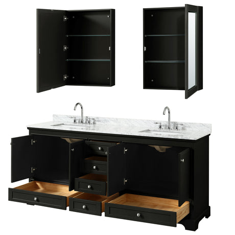 Deborah 80 Inch Double Bathroom Vanity in Dark Espresso White Carrara Marble Countertop Undermount Square Sinks and Medicine Cabinets