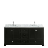 Deborah 80 Inch Double Bathroom Vanity in Dark Espresso White Carrara Marble Countertop Undermount Square Sinks and No Mirrors